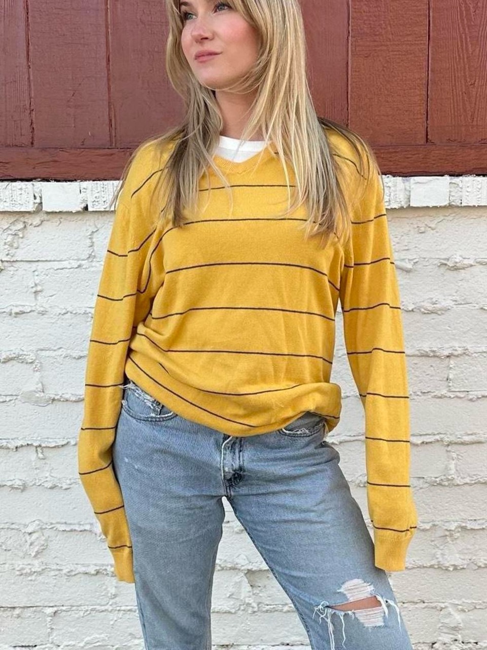 Old Navy Mustard Yellow Striped V-Neck Sweater